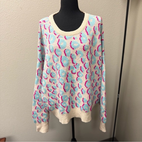 Peach Love California Sweaters - Peach Love Blue & Pink Colorful Patterned Women's Sweater. Size Large